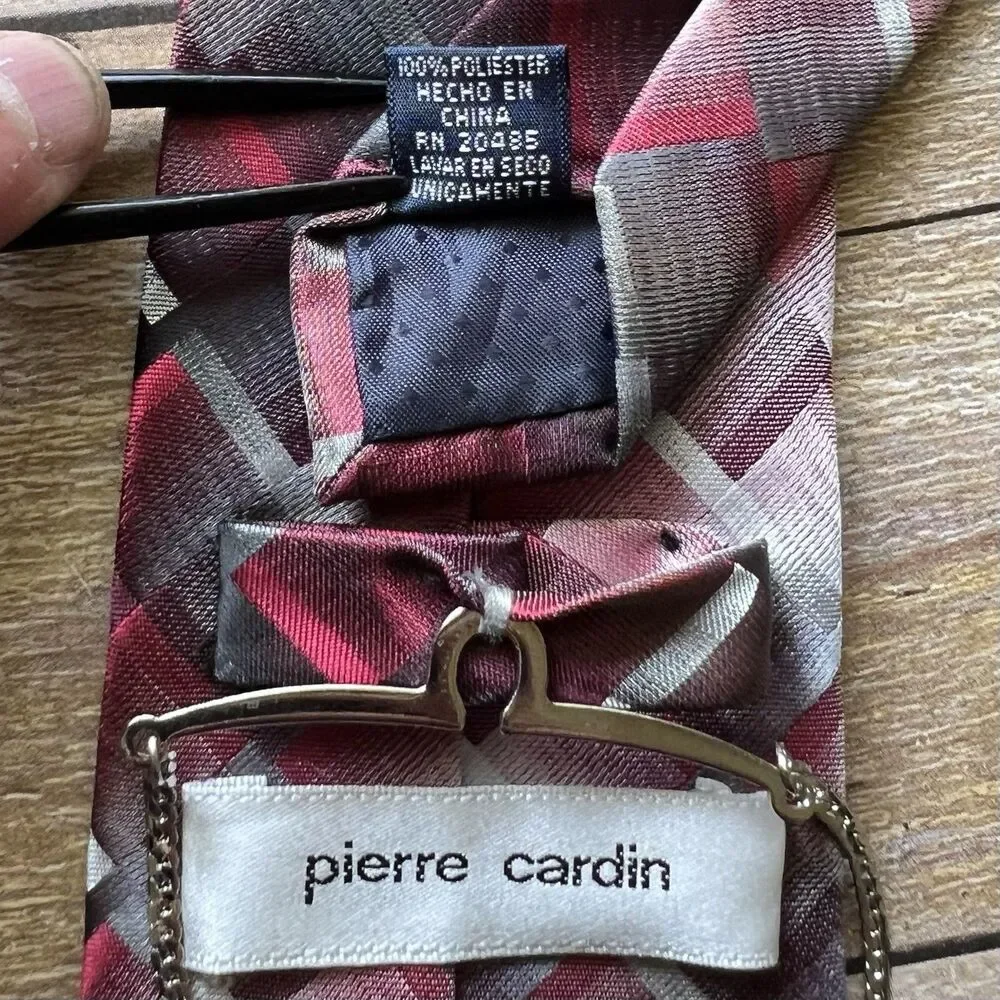 Pierre Cardin‎ Mens Geometric Plaid Tie Burgundy Grey Black Tie Chain Accessory